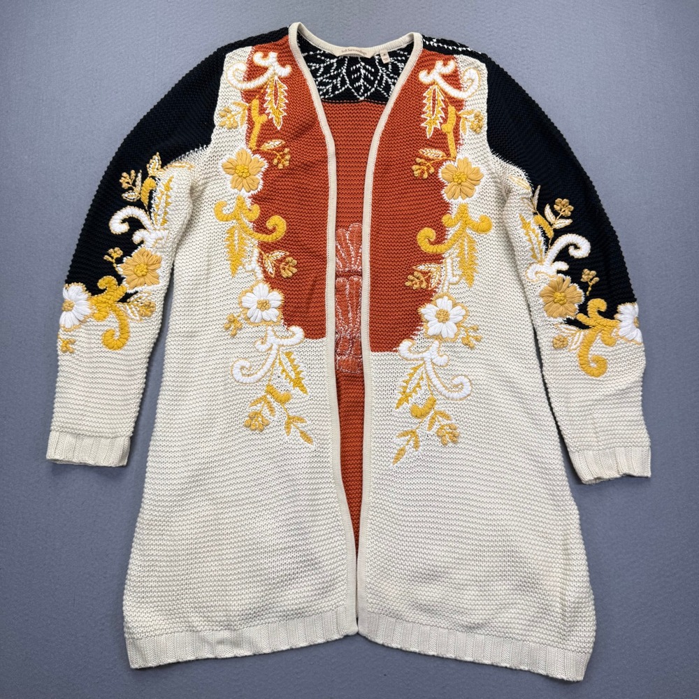 Soft Surroundings Embroidered Floral Cotton Knit Cardigan Duster 2EY39 Cream M